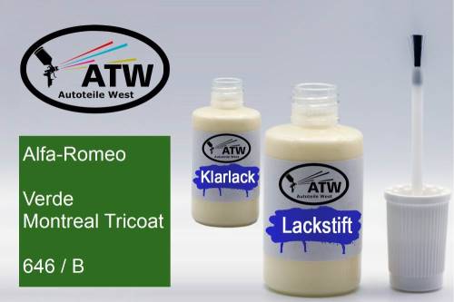 Alfa-Romeo, Verde Montreal Tricoat, 646 / B: 20ml Lackstift + 20ml Klarlack - Set, von ATW Autoteile West.